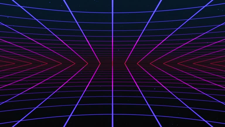 Abstract retro synth wave mesh animation background, 3d rendering. Looping motion mesh design with particles flying onto the screen. 3D rendering. 4k animation.