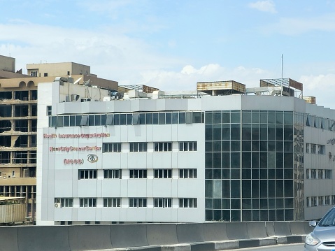 Cairo, Egypt, April 8 2024: Health Insurance Organization, ministry of health and population of Egypt, NCCC Nasr city cancer center, a cancer treatment center and oncology and tumor management, selective focus