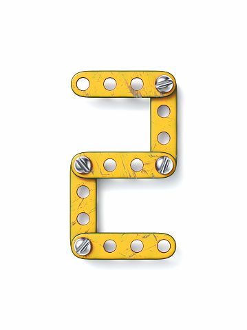 Aged yellow constructor font Number 2 TWO 3D rendering illustration isolated on white background