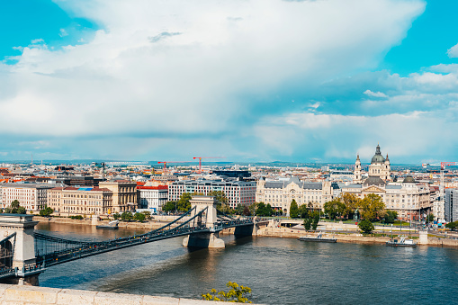 The River Danube and Szechenyi Chain Bridge, view from Buda Castle. Budapest, Hungary.