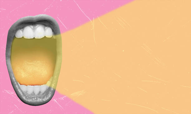 istock Art collage, screaming mouth on pink background with copy space. 2150099402