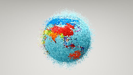 Multi colored square  covering the Earth and expanding, view of Asia and Oceania, 3d render.
