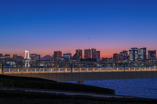View of Tokyo bayside at dusk from Toyosu, Koto-ward, Tokyo.
