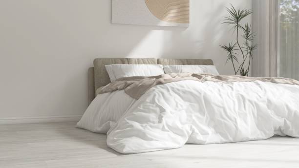 istock Modern, minimal white bedroom with beige bed, dracaena tree in sunlight from window with sheer curtain 2150101110