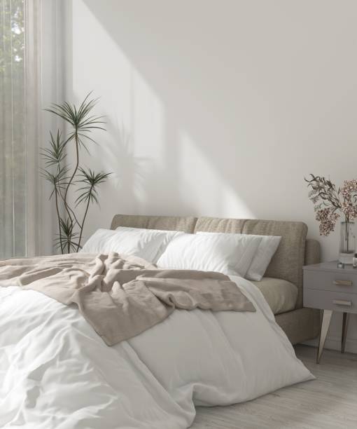 istock Modern, minimal white bedroom with beige bed, gray side table, dracaena tree in sunlight from window with sheer curtain 2150101113