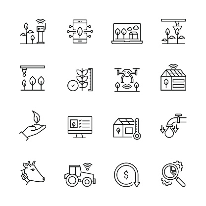 Simple Smart Farm Line Icon Set. Technology, Futuristic, Automated, Artificial Intelligence, Internet of Things.