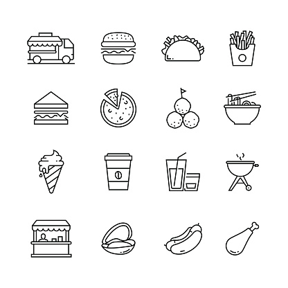 Simple Street Food Line Icon Set. City, Fast Food, Hamburger, Pizza, Appetizers.