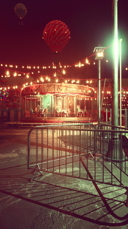 Illuminated Merry Go Round in Abandoned Amusement Park