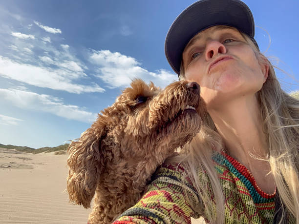 Woman taking a selfie with her cockapoo dog while on a beach in Northumberland, North East England.