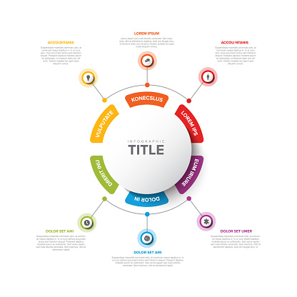 Simple vertical Colorful Circular Infographic Design Template with six element and big circle with title in the middle on the light background. Modern multipurpose infochart template