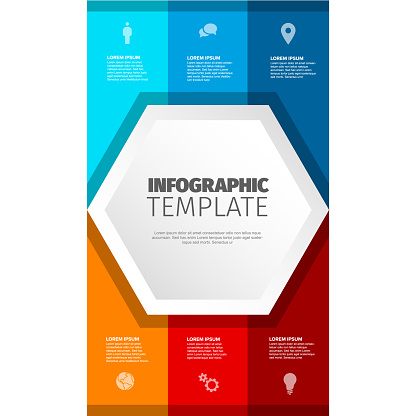 Six vertical items infographic template on light background made from big white hexagon, blue and red stripes with icons, titles descriptions. Modern multipurpose infochart template