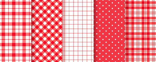 Table cloth pattern. Checkered seamless background. Gingham plaid red texture. Set buffalo tartan prints. Retro picnic kitchen backdrop. Vichy textile. Geometric tablecloth design. Vector illustration