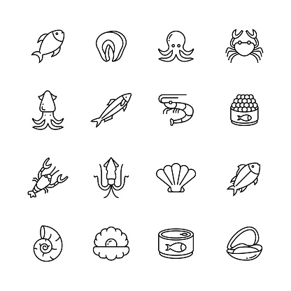 Simple Sea Food Line Icon Set. Fish, Lobster, Crab, Shrimp, Oyster, Octopus, Prawn.