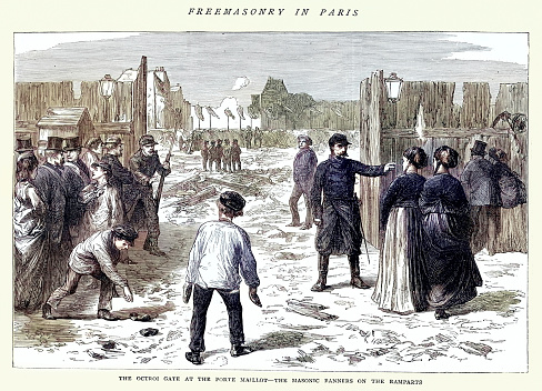 Vintage engraving of the Octroi Gate at the Porte Maillot,  the Masonic Banners on the Ramparts, during the Paris Commune. 1871. The Paris Commune or Fourth French Revolution was a socialistic government that briefly ruled Paris starting from the middle of March 1871.  Its controversial governance and its break with the elected government of France led to its brutal suppression by regular French forces in 