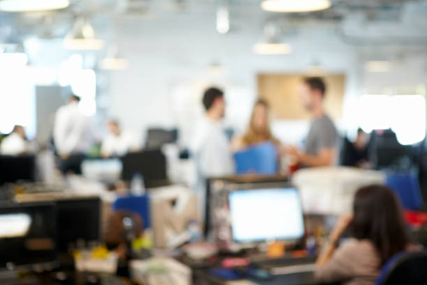 Workspace interior out of focus background. Corporate workplace. Blurry