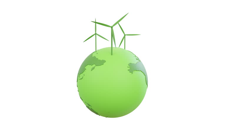 3d Animation cartoon Global sustainability environment. Green world with windmill.
