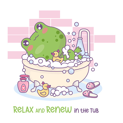 Funny relaxed frog bathes in bath with foam and rubber duck toy. Cute cartoon kawaii animal character washes and rests in bathroom. Vector illustration. Kids collection