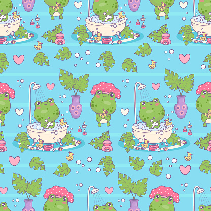 Seamless pattern with bathing funny frogs. Cute kawaii animal character with rubber duck and taking bubble bath on blue background with aroma lamp and vase with tropical leaves. Vector illustration
