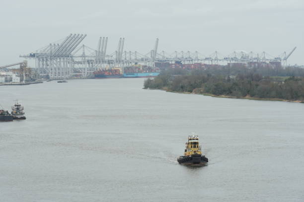 Aerial view of cargo ships on the Mississippi River in New Orleans, Louisiana, USA