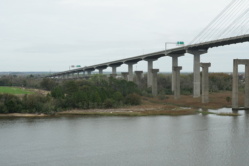 Savannah, GA, USA 03 05 2024: Abutments of cable-stayed Talmadge Memorial Bridge is a bridge in the United States spanning the Savannah River between downtown Savannah, Georgia, and Hutchinson Island.