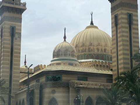 Cairo, Egypt, April 8 2024: Al Rahman Al Rahim Mosque, an Egyptian mosque in Cairo, on Salah Salem Street, having Islamic Motifs from various Islamic architectural styles, selective focus