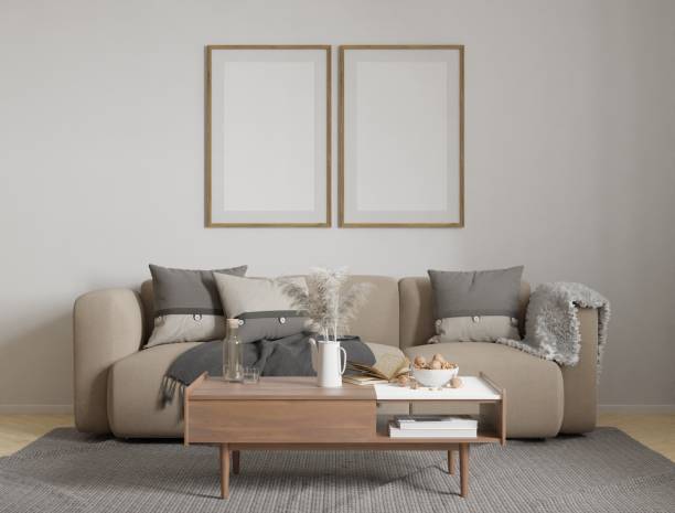 istock Frame mockup, interior frame, poster wood frame element and living room scandinavian style cozy in empty picture interior sofa and table wooden in illustration 3d rendering. 2150108868