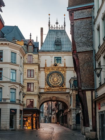 Rouen, France - 10 01 2023: Le Gros Horloge (Great-Clock). The astronomical clock in Rouen, Normandy