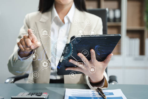 istock Digital marketing media in virtual icon globe shape business open his hand, working touch screen computer, smartphone and tablet front view in morning light. 2150111617