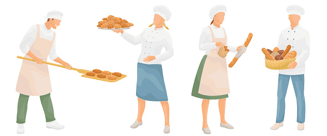 Smiling male and female  baker in uniform with bread and pastry