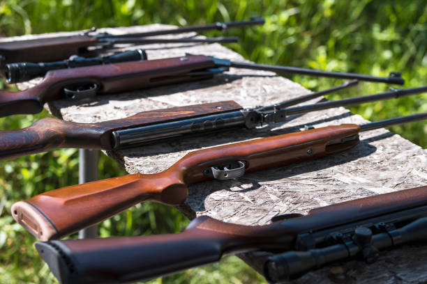 Hunting rifle close-up on blurred background of nature. Rifle sight. Hunting, sports, weapons