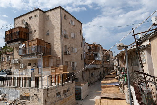 Residential buildings in Jerusalem during the holiday of Sukkot, in which temporary, wooden structures called a sukkah are placed on streets and balconies as part of the ritual observance of the weeklong Jewish  festival.