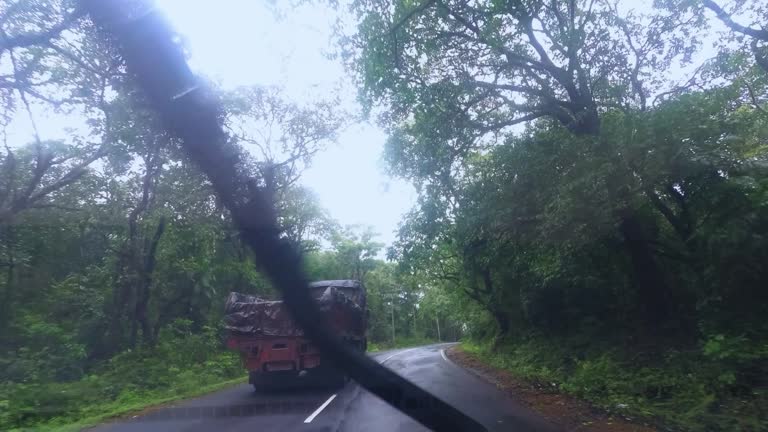Car POV Heavy Vehicle Truck Over-taking a Heavy Vehicle Truck Carrying Heavy Load in a Dense Forest Highway Road 1080