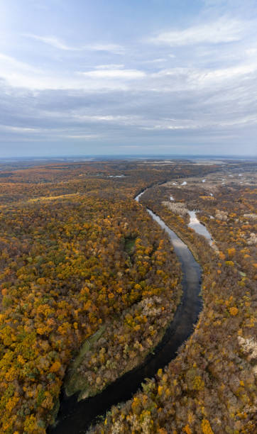 istock Autumn aerial river curve in golden forest 2150117617