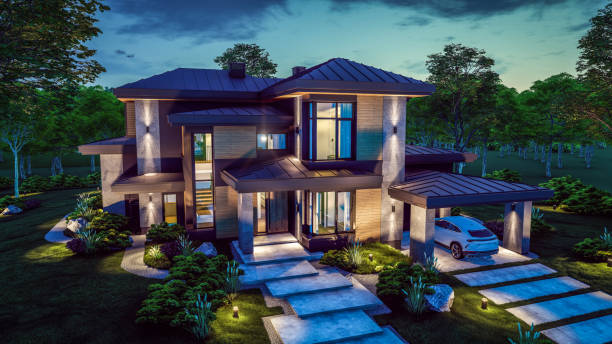 istock 3d rendering of modern house in luxurious style in night 2150118941