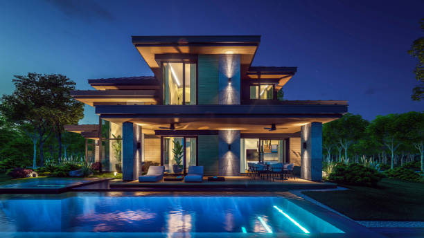 istock 3d rendering of modern house in luxurious style in night 2150118972