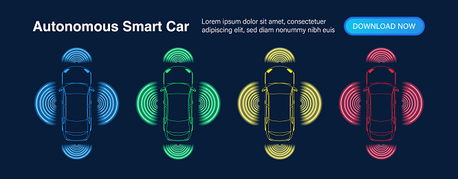 Autonomous smart car with radome and car radar, scanning and operating automatically for city crosswalk safety on the highway. Vector illustration