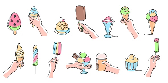 One line ice cream. Twisted lollipop, watermelon slice popsicle, classic sundae treats and cone ice creams with holding hand vector illustration set with paths of colored dessert sweet isolated