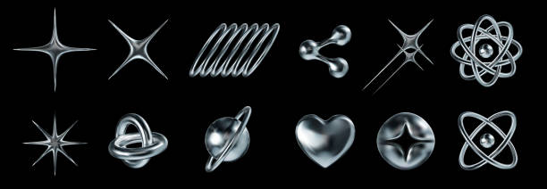 Liquid chrome y2k icons. Abstract shiny metallic shapes star rays, atomic orbit and molecular structures 3D elements vector set Liquid chrome y2k icons. Abstract shiny metallic shapes star rays, atomic orbit and molecular structures 3D elements vector set of chrome liquid shape element illustration of liquid shape design chrome stock illustrations