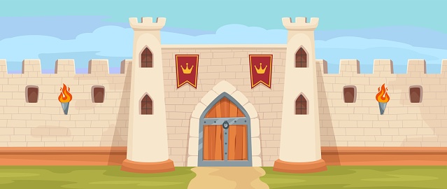 Medieval kingdom fortress gate. Majestic medieval castle with stone walls, royal stronghold cartoon vector background illustration of castle fortress kingdom, medieval palace