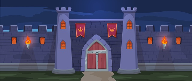 Night medieval fortress gate. Nocturne fantasy kingdom entrance, royal stronghold cartoon vector background illustration of castle fortress medieval gate