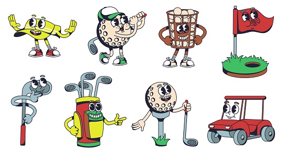 Golf mascot. Ball with club, golf cart, hole with flag stick 1930s cartoon style characters vector illustration set of golf ball, game mascot golfer, golfing activity