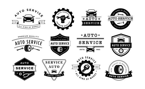 Auto service emblem. Car repair label, mechanic workshop badge template and automotive maintenance branding vector set of garage mechanic, repair label service illustration