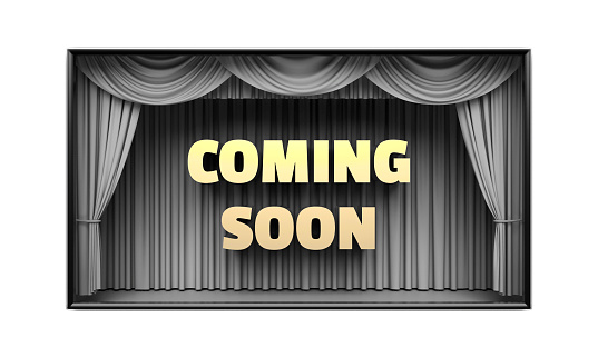 Coming Soon poster. Golden letters, stage curtains revealing a message. Cable tv show advertisement, blockbuster movie premiere, party invitation poster, new product flyer concept. 3D illustration