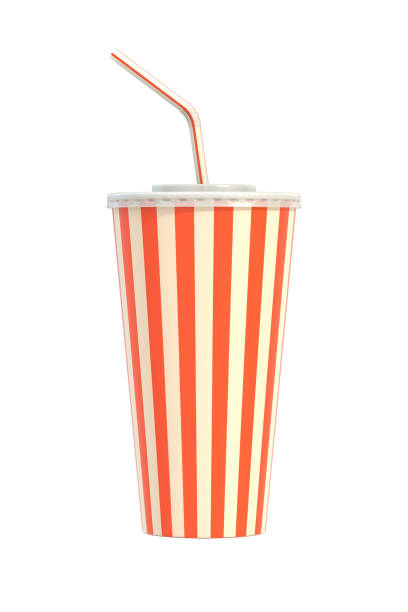 Fast food cola drink cup, drinking straw. Generic striped beverage package isolated on white background. Graphic design element for restaurant advertisement, menu, poster, flyer. 3D illustration