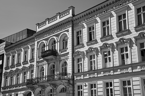 facade of a historic tenement house with balconies in the city of Poznan, Poland
