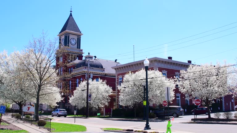 City hall and YMCA buildings street view during spring bloom