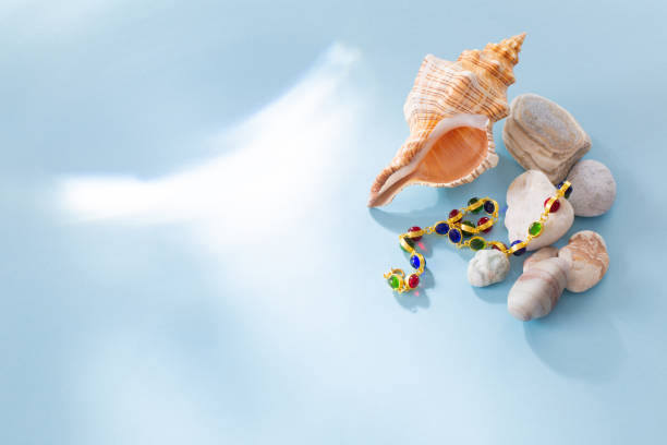 modern jjewellery with stones and seashell on blue background