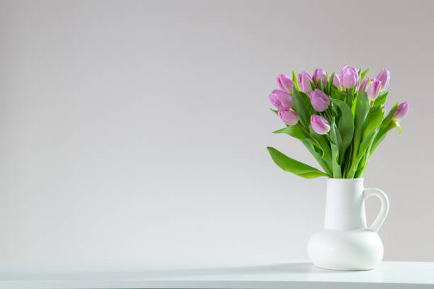 istock pink tulips in white jug on white background 2150124435