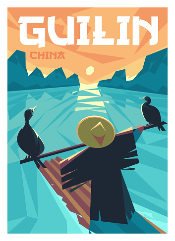 Vector premium travel poster. A lone fisherman, along with two black cormorants, fishes near Guilin, China.