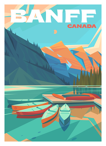 Vector premium travel poster. Boats at the dock on Lake Louise, Banff National Park, Canada. Incredible nature of the Rocky Mountains.